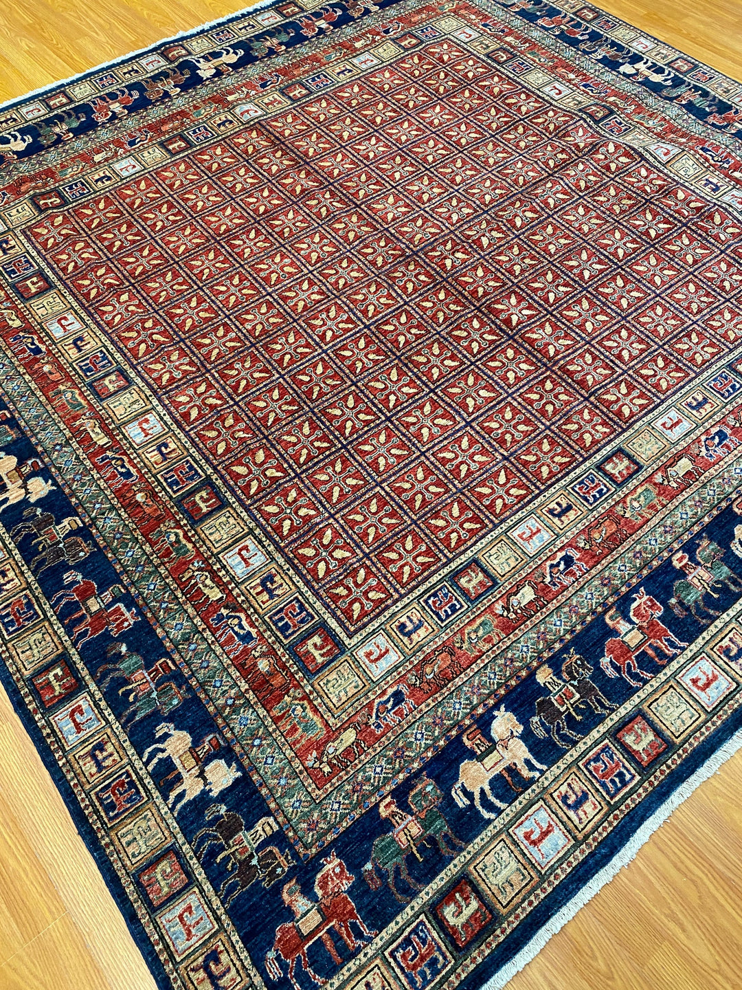 Tribal Square 8x8 Pazyryk Rug - Afghan Hand Knotted Wool Rug - Oriental Living Room Rug - Vintage Design Rug - Animal Print Rug - 246x249cm-San Francisco Rugs--San Francisco Rugs