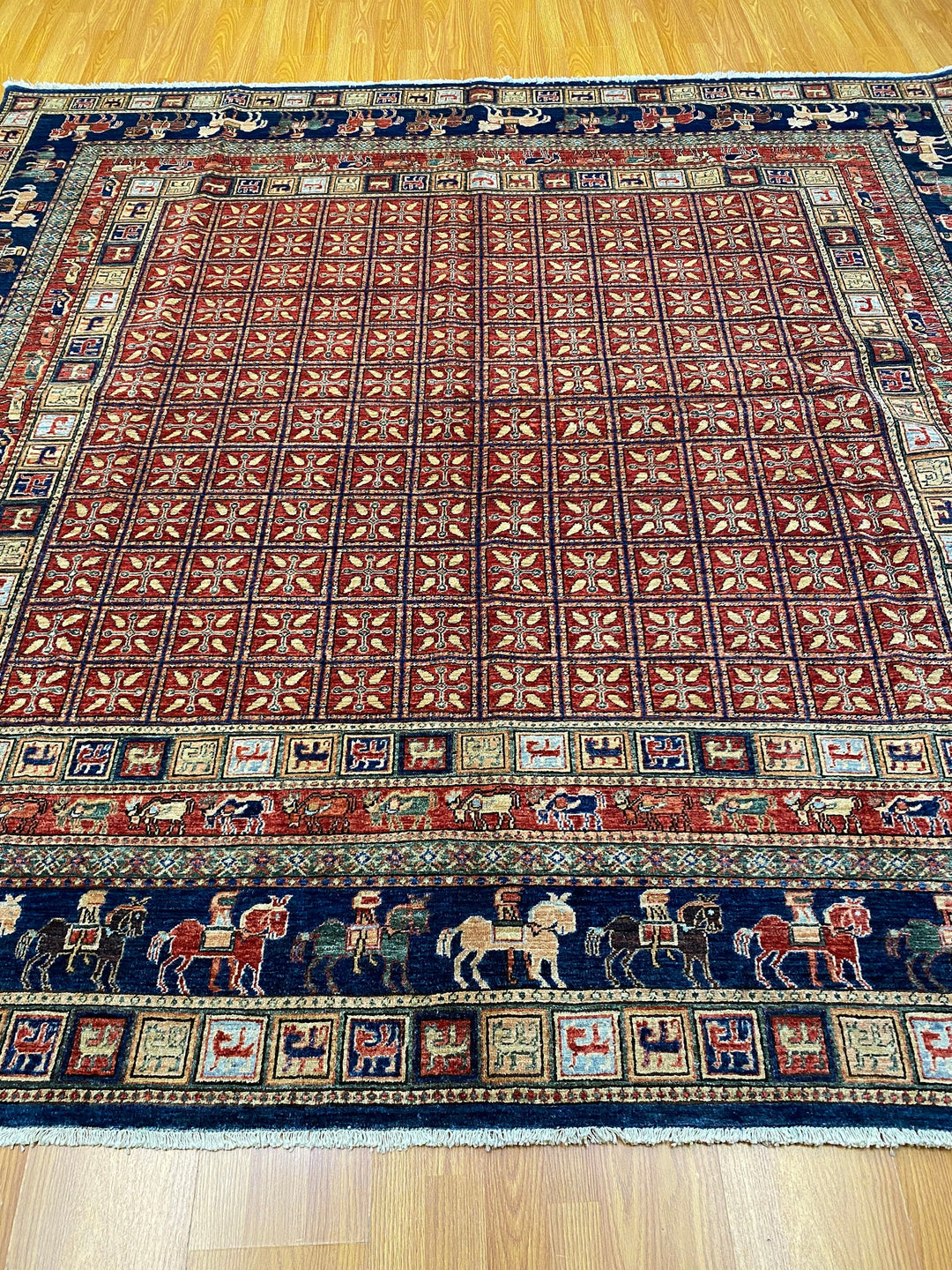 Tribal Square 8x8 Pazyryk Rug - Afghan Hand Knotted Wool Rug - Oriental Living Room Rug - Vintage Design Rug - Animal Print Rug - 246x249cm-San Francisco Rugs--San Francisco Rugs