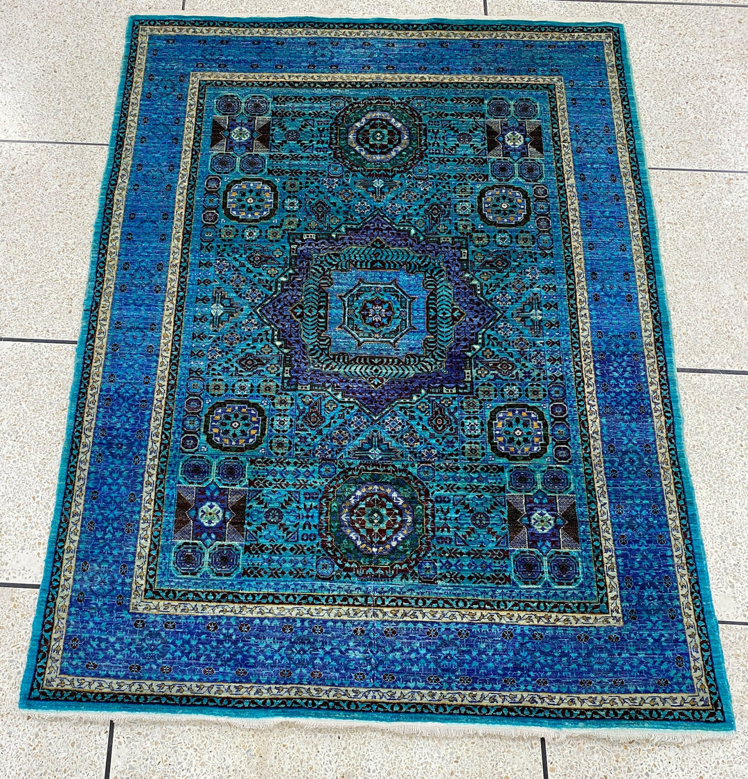 Indigo, Blue 5x7 ft Hand Knotted Turkish Ottoman, Mamluk Rug - Afghan Wool Rug - Area Rug For Bedroom, Dining - Kitchen Rug - Office Rug-San Francisco Rugs--San Francisco Rugs