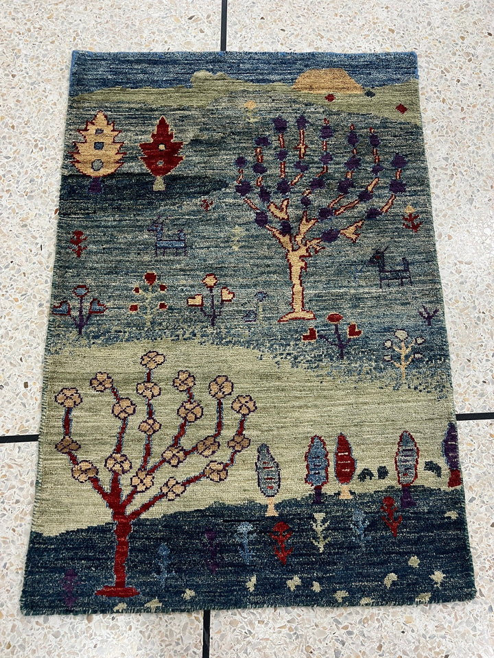 Hand Knotted 2x3 Ft Green Landscape Rug - Afghan Gabbeh Rug - Small Kitchen, Office Rug - Entryway Rug - 2x3 Decorative Rugs - Home Decors-San Francisco Rugs--San Francisco Rugs