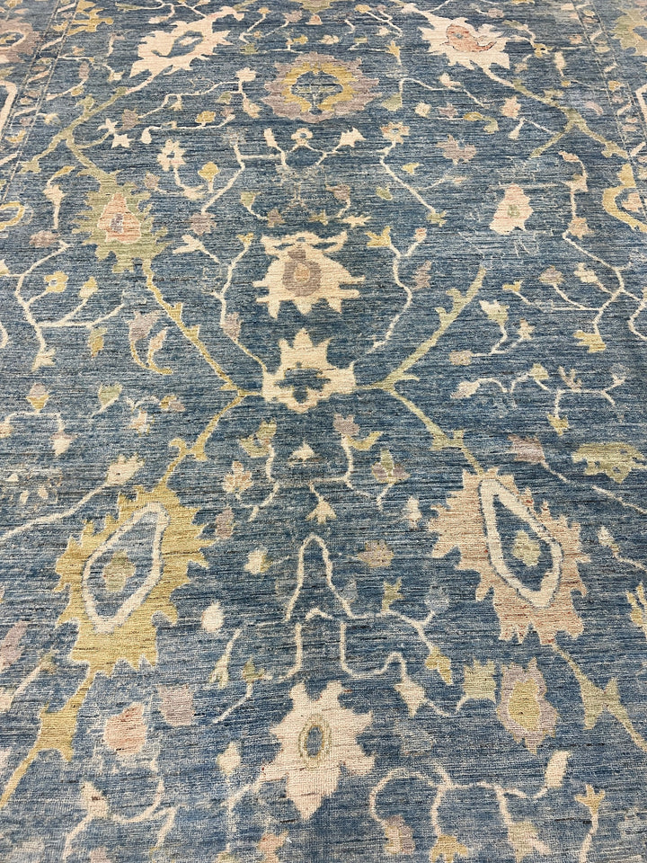 10X14 BLUE HAND KNOTTED FLOWER DESIGN TURKISH OUSHAK RUG-San Francisco Rugs--San Francisco Rugs