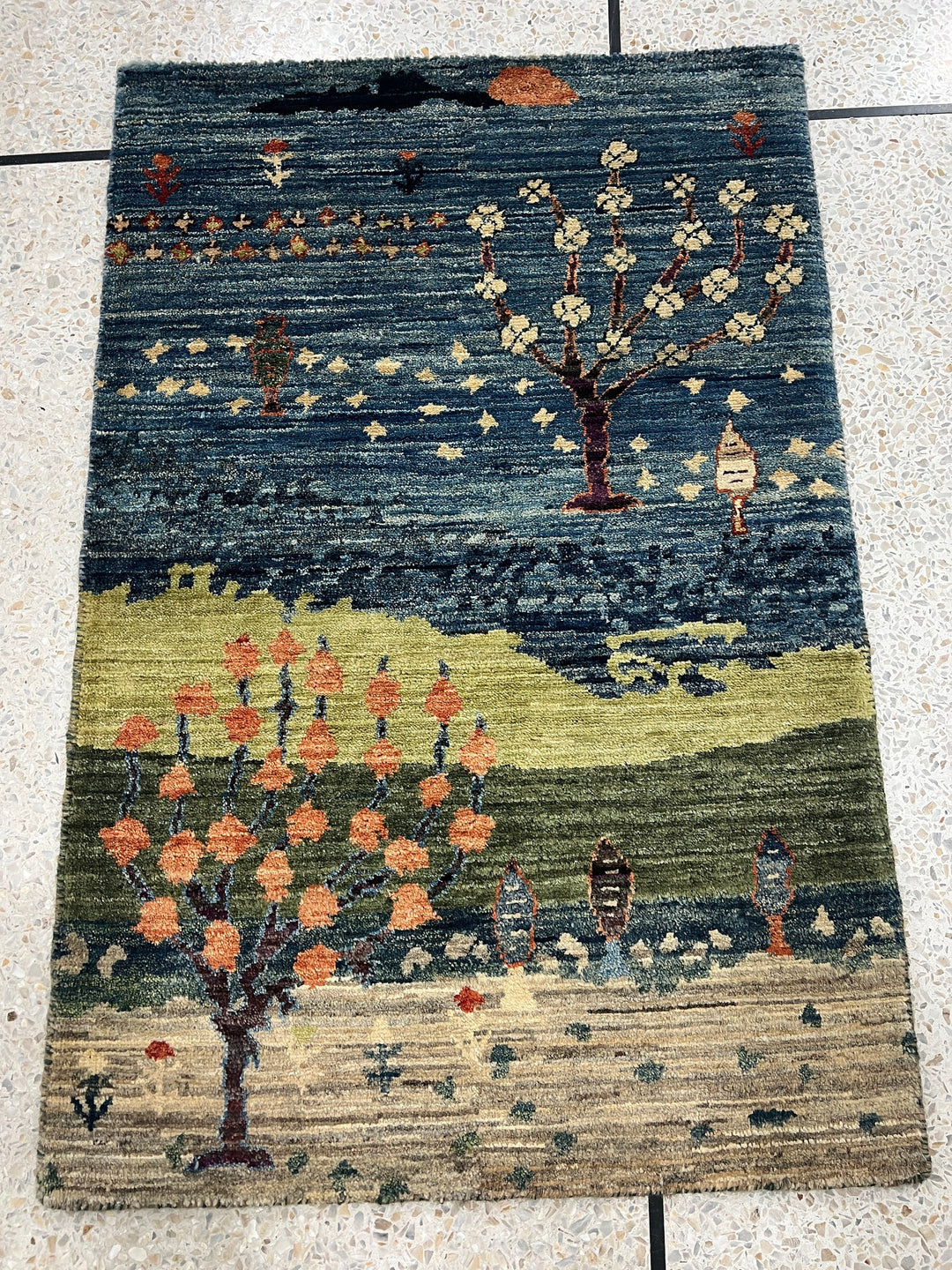 Blue-Green 2x3 Ft Hand Knotted Wool Rug - Afghan Luri gabbeh Rug - Tree Design Rug - Entryway Rug - Small Office, Kitchen Rug - Home Decors-San Francisco Rugs--San Francisco Rugs