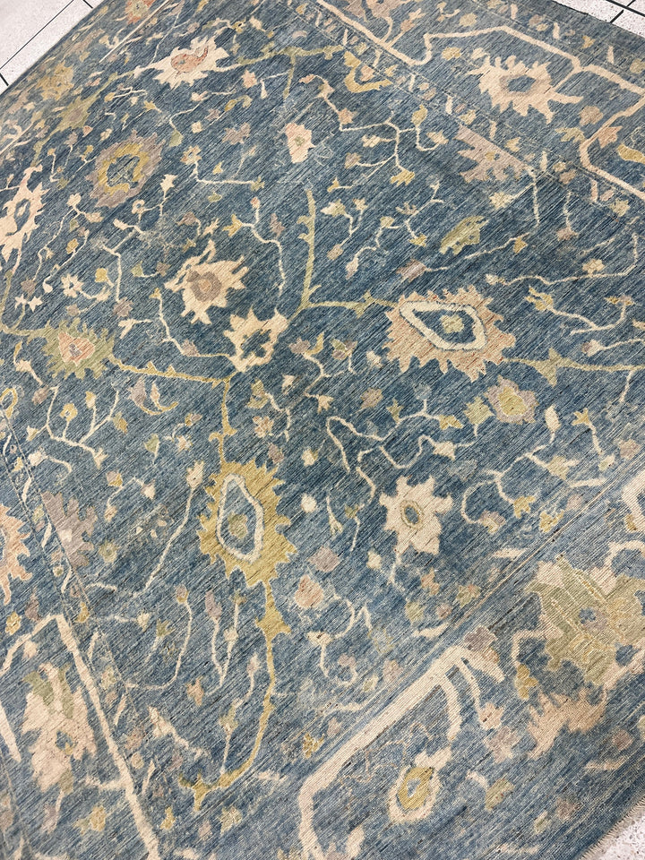 10X14 BLUE HAND KNOTTED FLOWER DESIGN TURKISH OUSHAK RUG-San Francisco Rugs--San Francisco Rugs