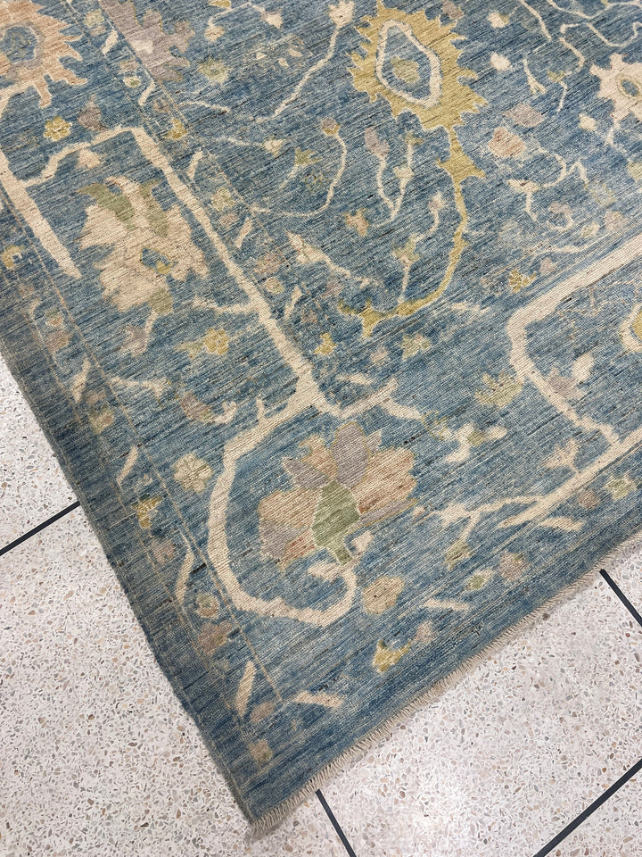 10X14 BLUE HAND KNOTTED FLOWER DESIGN TURKISH OUSHAK RUG-San Francisco Rugs--San Francisco Rugs