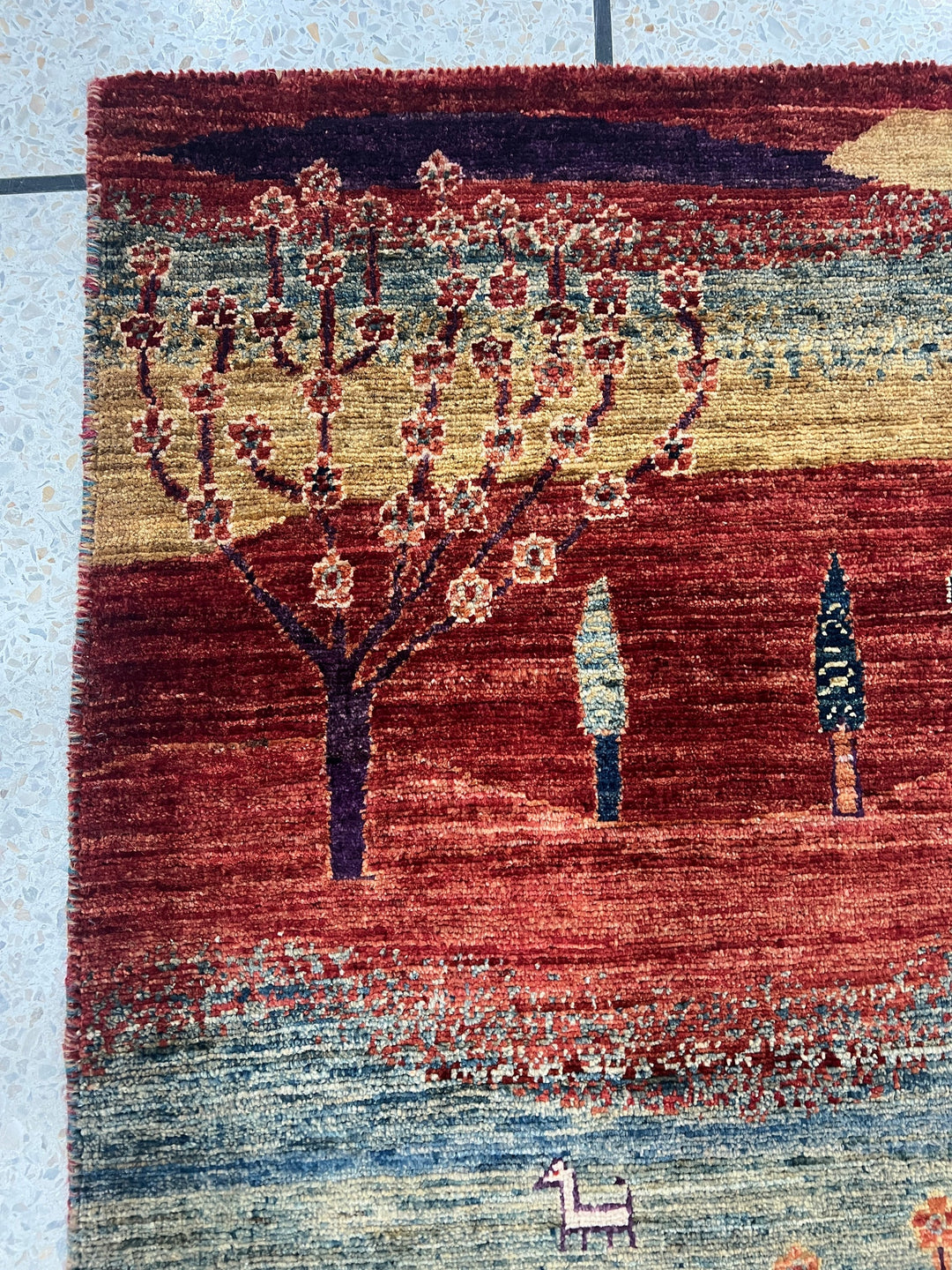 Red 2x3 Ft Hand Knotted Rug - Afghan Luri Gabbeh Rug - Landscape Design Rug - Tree Rug - Small Entryway Rug - Bathroom Rug - Kitchen Rugs-San Francisco Rugs--San Francisco Rugs