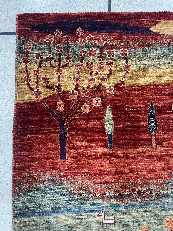 Red 2x3 Ft Hand Knotted Rug - Afghan Luri Gabbeh Rug - Landscape Design Rug - Tree Rug - Small Entryway Rug - Bathroom Rug - Kitchen Rugs-San Francisco Rugs--San Francisco Rugs