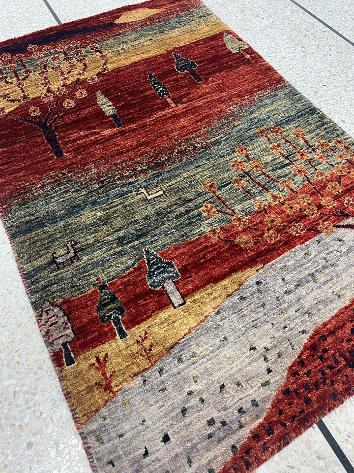 Red 2x3 Ft Hand Knotted Rug - Afghan Luri Gabbeh Rug - Landscape Design Rug - Tree Rug - Small Entryway Rug - Bathroom Rug - Kitchen Rugs-San Francisco Rugs--San Francisco Rugs