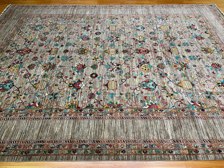 10x14 GREY FLORAL DESIGN AFGHAN HAND KNOTTED RUG-San Francisco Rugs--San Francisco Rugs