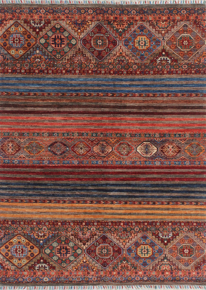 Multicolor 5x7 Ft Afghan Rug - Hand Knotted Wool Rug - Striped Motif Design Rug - Small Bedroom Rug - Living Room Rug - Office Rug-San Francisco Rugs--San Francisco Rugs