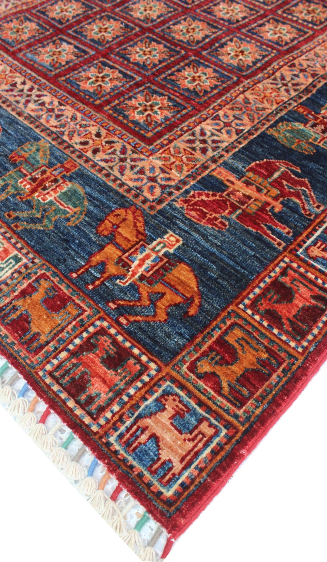 Tribal 4x6Ft Hand Knotted Pazyryk Rug - Red Blue Rug - Horse Design Rug - 4x6 Entryway Rug - Small Kitchen Rug - Office Rug - Home Decor Rug-San Francisco Rugs--San Francisco Rugs