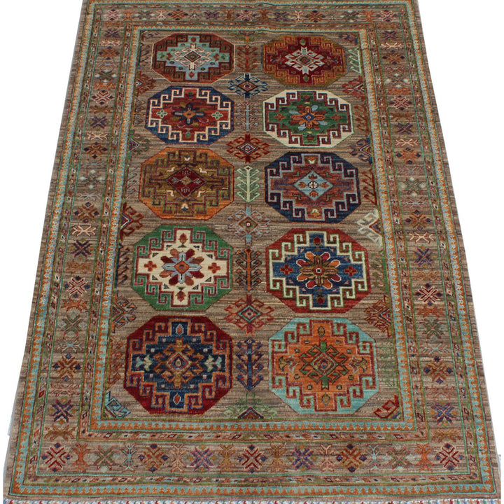 Geometric 4x6 Ft Hand Knotted Ersari Rug - Turkmen Design Rug - Gray Green Red Rug - Tribal Area Rug - Entryway Rug - Small Bedroom Rug-San Francisco Rugs--San Francisco Rugs