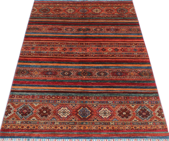 Multicolor 5'10x8'5 Ft Hand Knotted Wool Rug - Striped Design Rug - Turkish, Motif Rug - 6x9 Bedroom Rug - Family Room Rug - Home Decor Rugs-San Francisco Rugs--San Francisco Rugs
