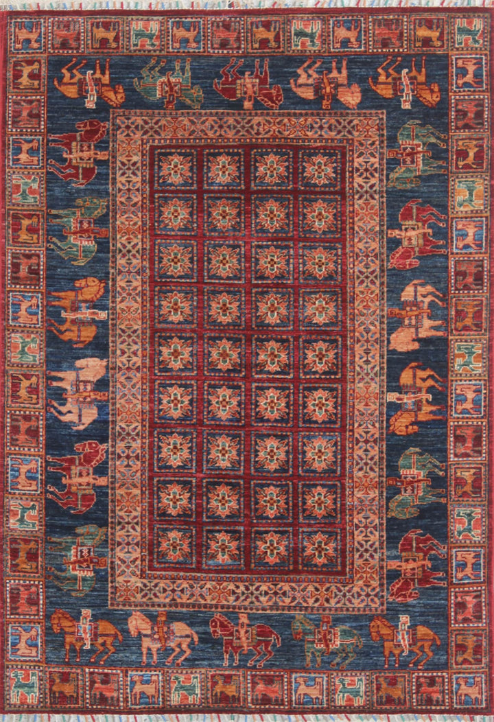 Tribal 4x6Ft Hand Knotted Pazyryk Rug - Red Blue Rug - Horse Design Rug - 4x6 Entryway Rug - Small Kitchen Rug - Office Rug - Home Decor Rug-San Francisco Rugs--San Francisco Rugs