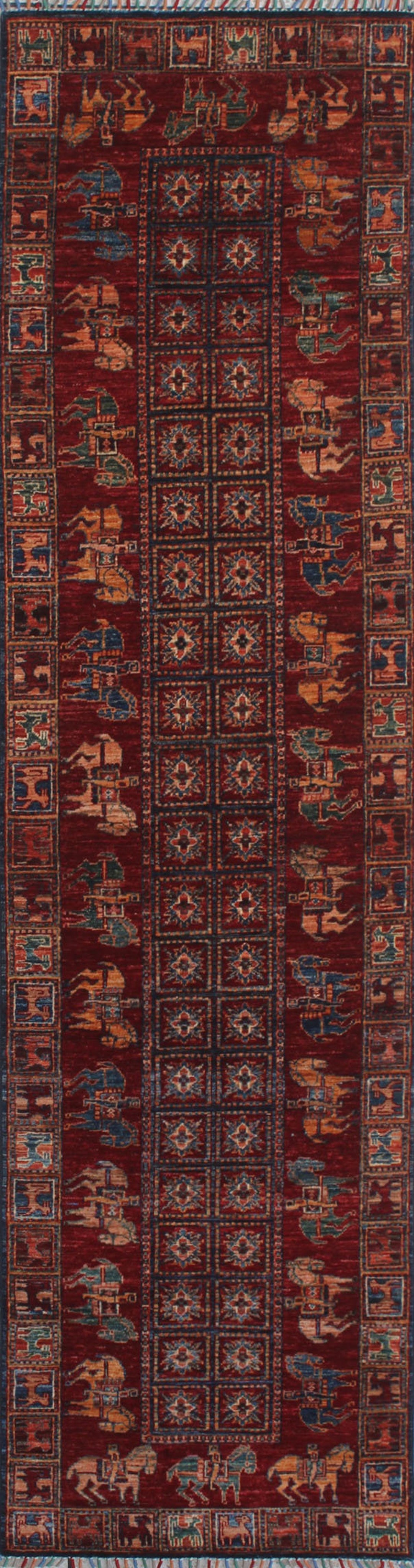 Red 3x10 Ft Hand Knotted Runner Rug - Tribal Pazyryk Runner - 10 Ft Hallway Runner Rug - 3x10 Kitchen Runner Rug - Interior Design Rug-San Francisco Rugs--San Francisco Rugs