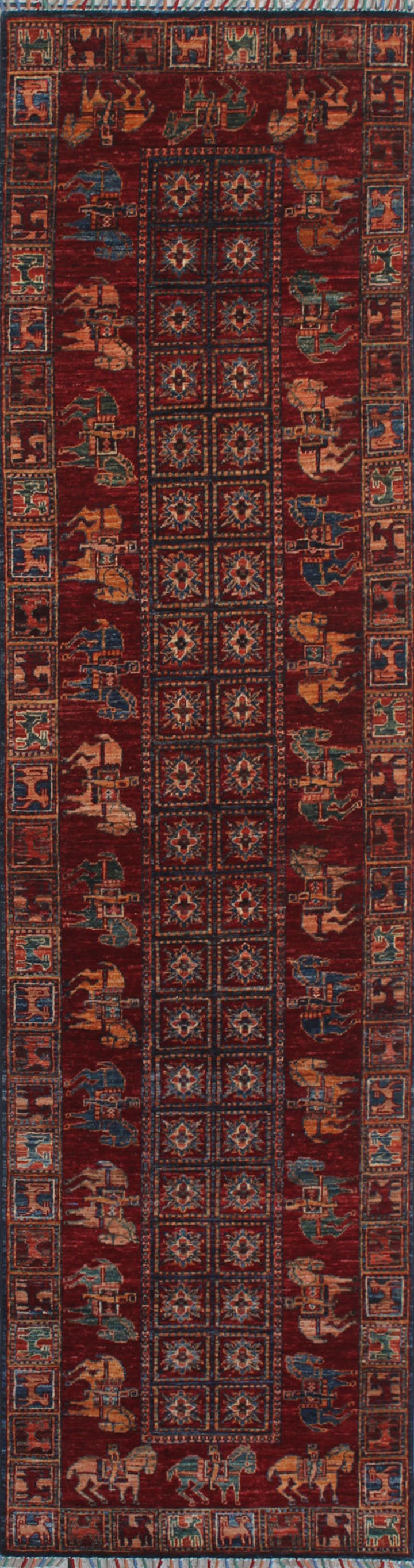 Red 3x10 Ft Hand Knotted Runner Rug - Tribal Pazyryk Runner - 10 Ft Hallway Runner Rug - 3x10 Kitchen Runner Rug - Interior Design Rug-San Francisco Rugs--San Francisco Rugs