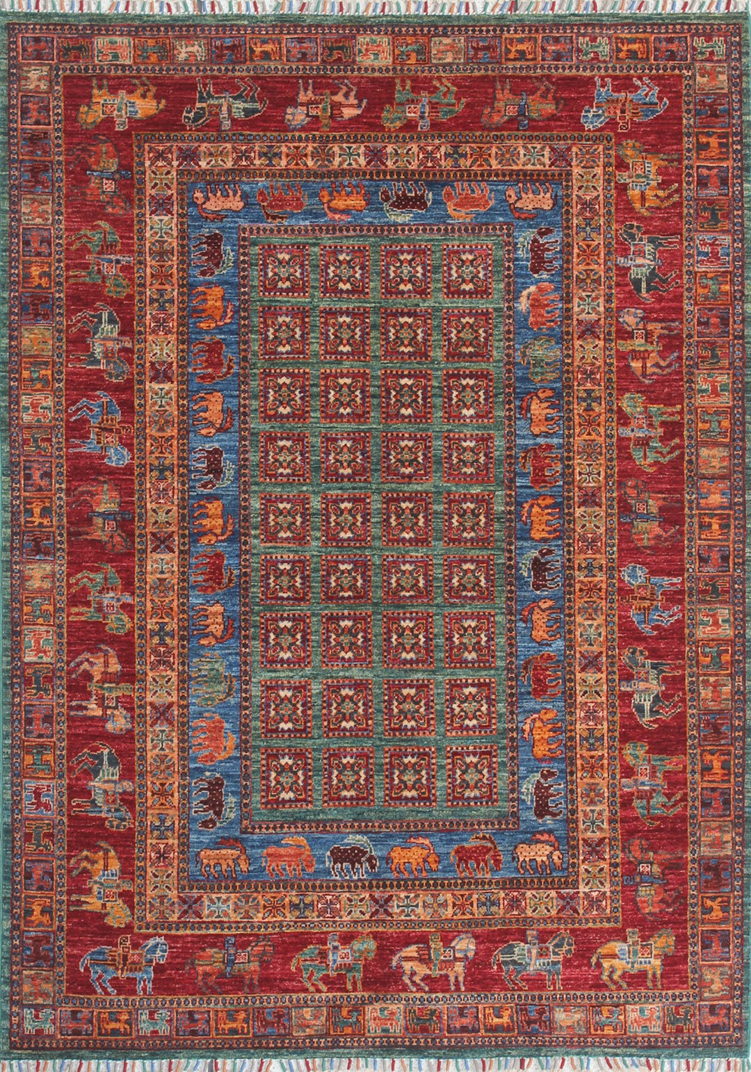5x7 Ft Hand Knotted Pazyryk Rug - Animal Print Rug - Red Blue Tribal Rug - Hand Woven Lambswool Rug - 5x7 Living Room Rug - Office Area Rug-San Francisco Rugs--San Francisco Rugs