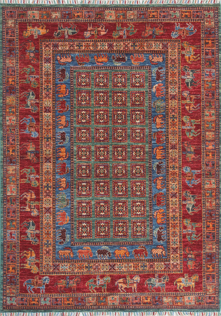 5x7 Ft Hand Knotted Pazyryk Rug - Animal Print Rug - Red Blue Tribal Rug - Hand Woven Lambswool Rug - 5x7 Living Room Rug - Office Area Rug-San Francisco Rugs--San Francisco Rugs