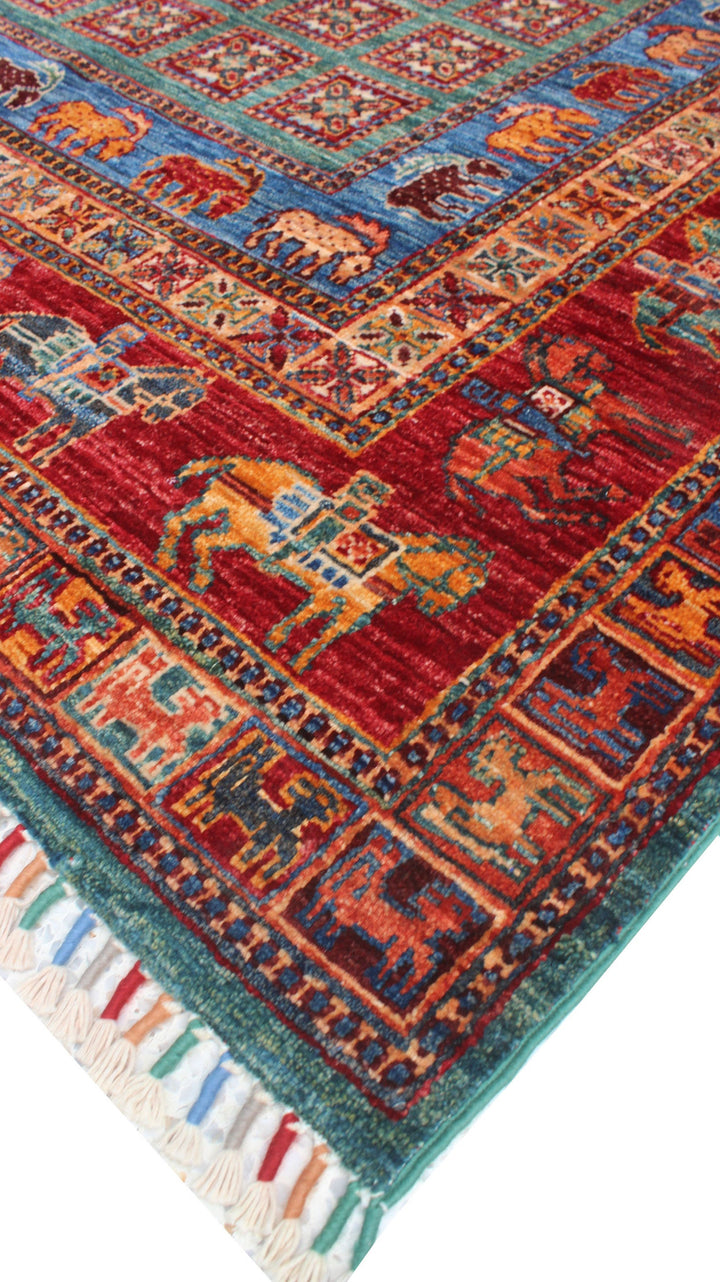 5x7 Ft Hand Knotted Pazyryk Rug - Animal Print Rug - Red Blue Tribal Rug - Hand Woven Lambswool Rug - 5x7 Living Room Rug - Office Area Rug-San Francisco Rugs--San Francisco Rugs