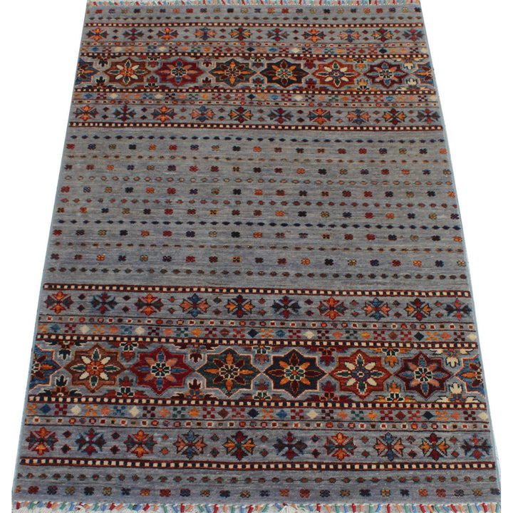 Gray 3'7x4'11 Ft Khoy Nomad Rug - Hand Knotted Striped Design Rug - Afghan, Wool Rugs - 3x5 Entryway Rug - Kitchen Rug - Small Area Rugs-San Francisco Rugs--San Francisco Rugs