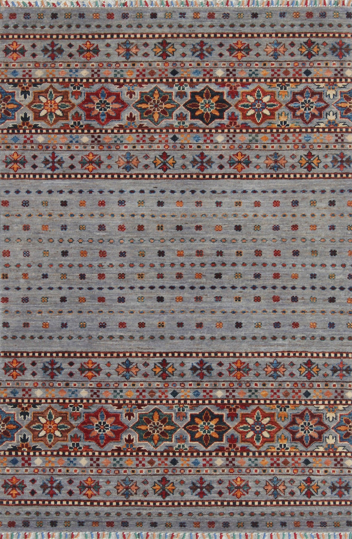 Gray 3'7x4'11 Ft Khoy Nomad Rug - Hand Knotted Striped Design Rug - Afghan, Wool Rugs - 3x5 Entryway Rug - Kitchen Rug - Small Area Rugs-San Francisco Rugs--San Francisco Rugs