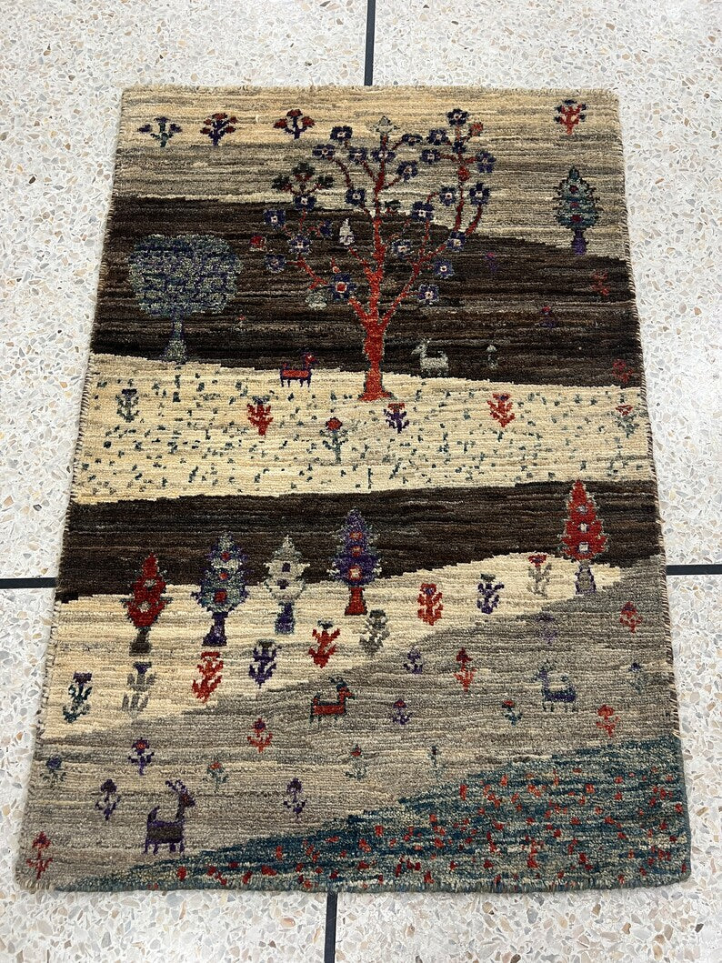 Brown 2x3 Ft Hand Knotted Gabbeh Rug - Afghan Landscape Rug - Tree Design Rug - Entryway Rug - Door Mat Rug - Kitchen Rug - Decorative Rugs-San Francisco Rugs--San Francisco Rugs