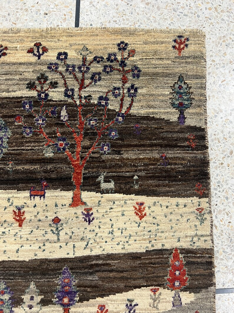 Brown 2x3 Ft Hand Knotted Gabbeh Rug - Afghan Landscape Rug - Tree Design Rug - Entryway Rug - Door Mat Rug - Kitchen Rug - Decorative Rugs-San Francisco Rugs--San Francisco Rugs