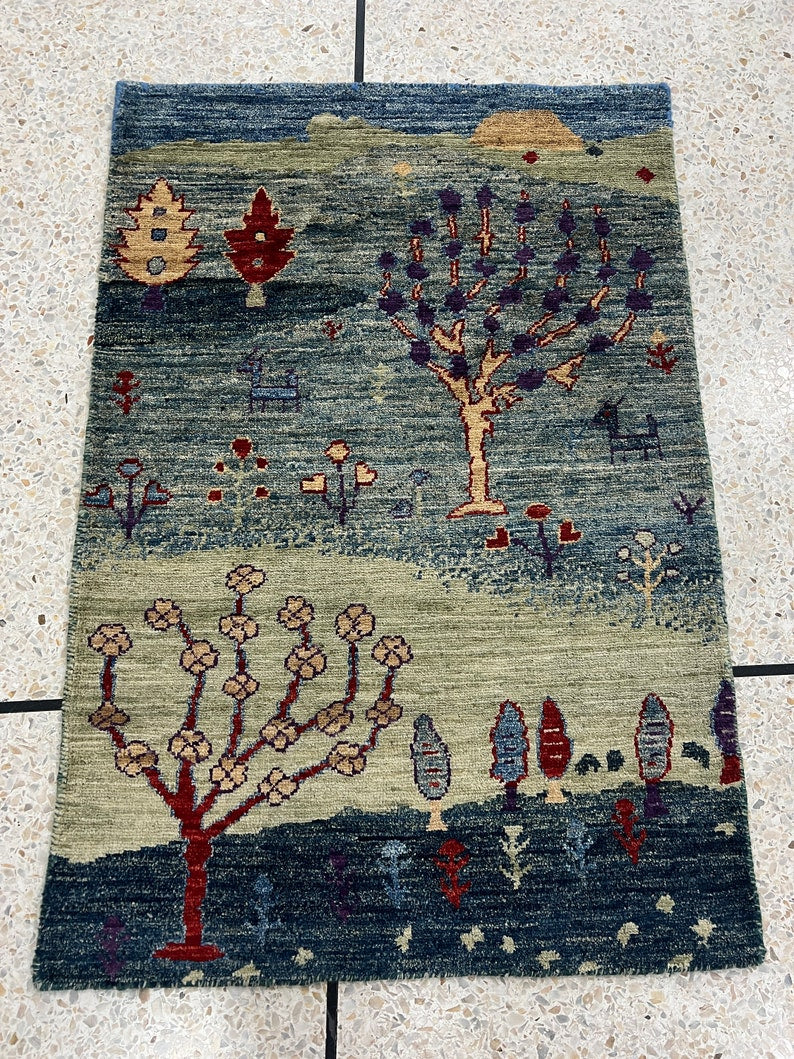 Hand Knotted 2x3 Ft Green Landscape Rug - Afghan Gabbeh Rug - Small Kitchen, Office Rug - Entryway Rug - 2x3 Decorative Rugs - Home Decors-San Francisco Rugs--San Francisco Rugs