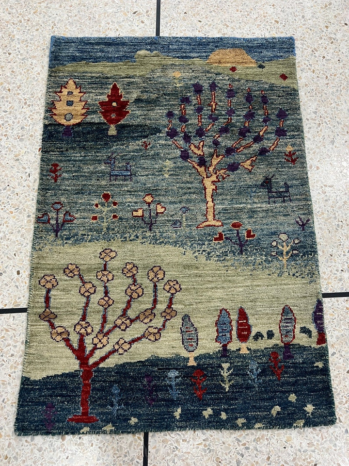 Hand Knotted 2x3 Ft Green Landscape Rug - Afghan Gabbeh Rug - Small Kitchen, Office Rug - Entryway Rug - 2x3 Decorative Rugs - Home Decors-San Francisco Rugs--San Francisco Rugs