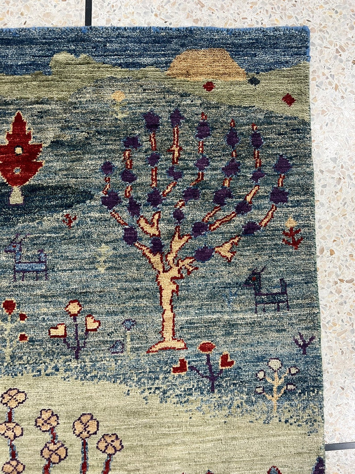Hand Knotted 2x3 Ft Green Landscape Rug - Afghan Gabbeh Rug - Small Kitchen, Office Rug - Entryway Rug - 2x3 Decorative Rugs - Home Decors-San Francisco Rugs--San Francisco Rugs