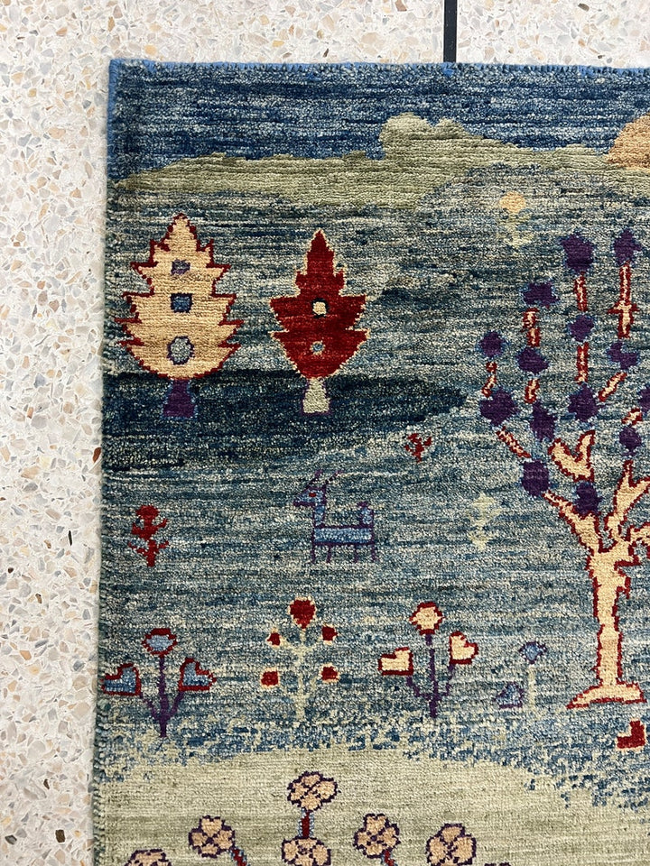 Hand Knotted 2x3 Ft Green Landscape Rug - Afghan Gabbeh Rug - Small Kitchen, Office Rug - Entryway Rug - 2x3 Decorative Rugs - Home Decors-San Francisco Rugs--San Francisco Rugs