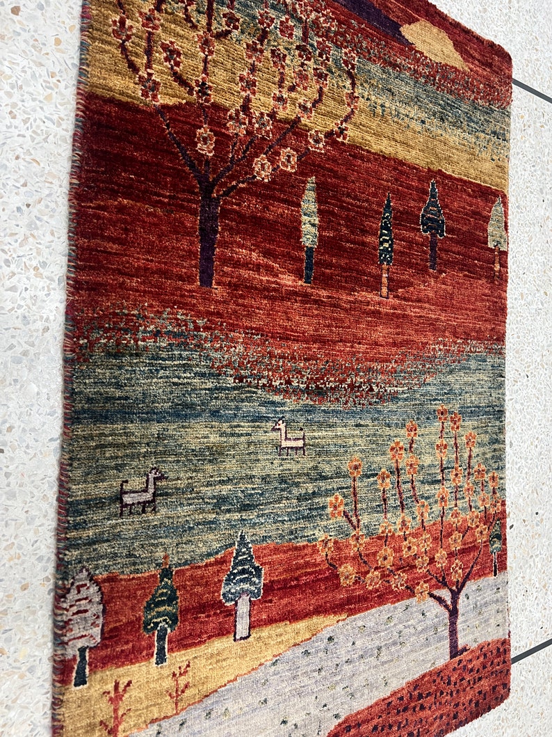 Red 2x3 Ft Hand Knotted Rug - Afghan Luri Gabbeh Rug - Landscape Design Rug - Tree Rug - Small Entryway Rug - Bathroom Rug - Kitchen Rugs-San Francisco Rugs--San Francisco Rugs