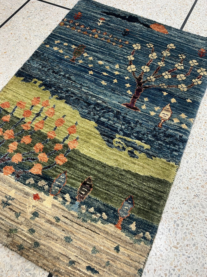 Blue-Green 2x3 Ft Hand Knotted Wool Rug - Afghan Luri gabbeh Rug - Tree Design Rug - Entryway Rug - Small Office, Kitchen Rug - Home Decors-San Francisco Rugs--San Francisco Rugs