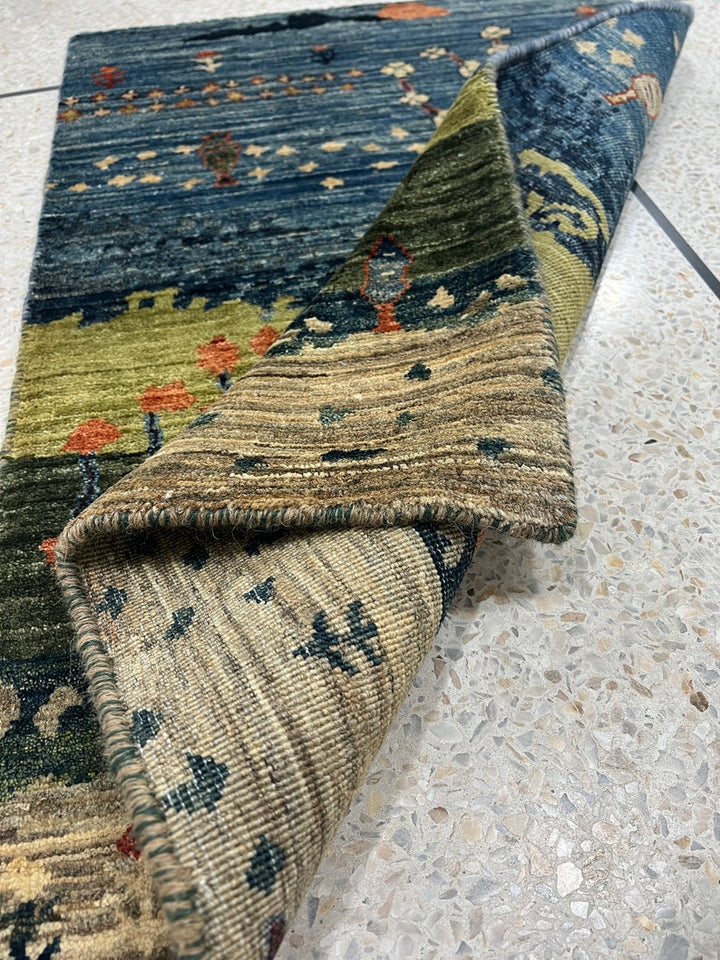 Blue-Green 2x3 Ft Hand Knotted Wool Rug - Afghan Luri gabbeh Rug - Tree Design Rug - Entryway Rug - Small Office, Kitchen Rug - Home Decors-San Francisco Rugs--San Francisco Rugs