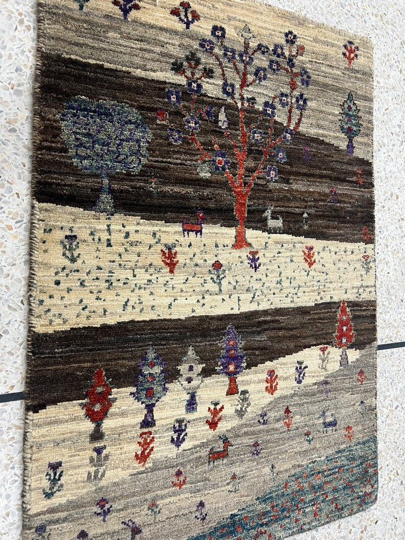 Brown 2x3 Ft Hand Knotted Gabbeh Rug - Afghan Landscape Rug - Tree Design Rug - Entryway Rug - Door Mat Rug - Kitchen Rug - Decorative Rugs-San Francisco Rugs--San Francisco Rugs
