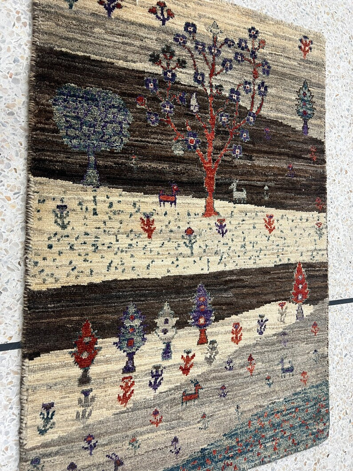 Brown 2x3 Ft Hand Knotted Gabbeh Rug - Afghan Landscape Rug - Tree Design Rug - Entryway Rug - Door Mat Rug - Kitchen Rug - Decorative Rugs-San Francisco Rugs--San Francisco Rugs