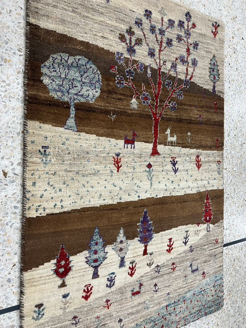 Brown 2x3 Ft Hand Knotted Rug - Afghan Gabbeh Rug - Landscape Tree Rug - Small Kitchen Rug - Entryway Rug - Bathroom Rug - Decorative Rugs-San Francisco Rugs--San Francisco Rugs