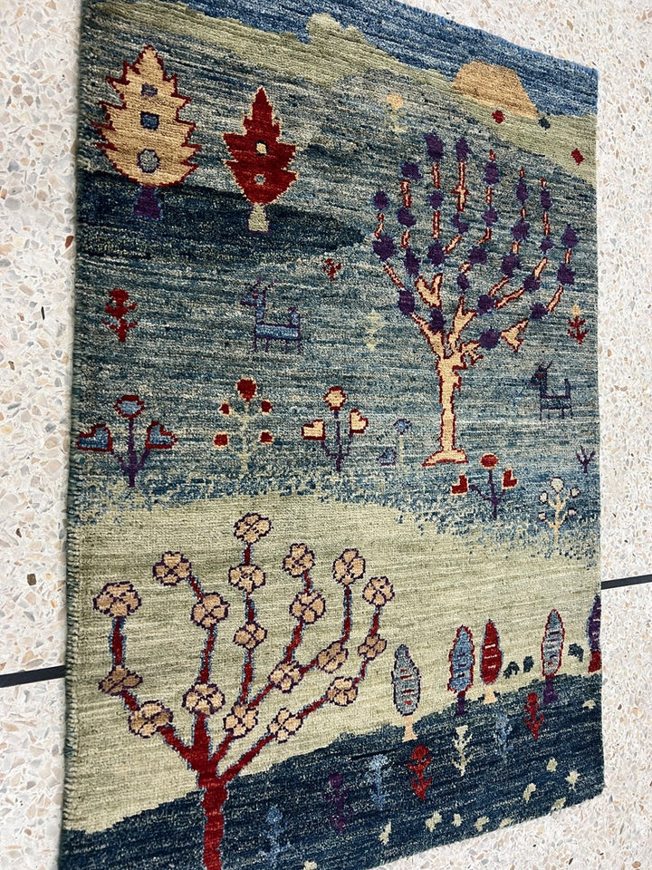 Hand Knotted 2x3 Ft Green Landscape Rug - Afghan Gabbeh Rug - Small Kitchen, Office Rug - Entryway Rug - 2x3 Decorative Rugs - Home Decors-San Francisco Rugs--San Francisco Rugs