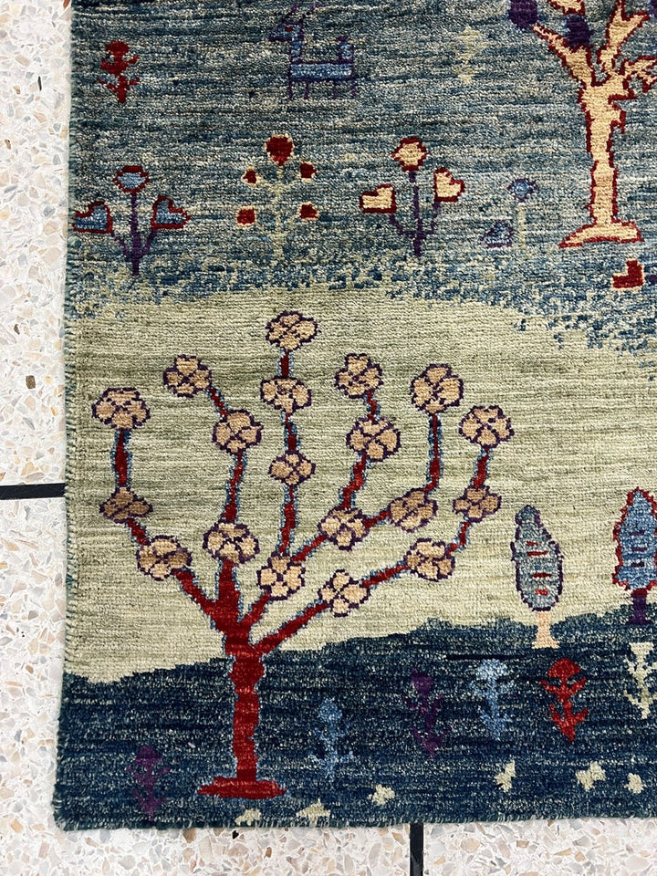 Hand Knotted 2x3 Ft Green Landscape Rug - Afghan Gabbeh Rug - Small Kitchen, Office Rug - Entryway Rug - 2x3 Decorative Rugs - Home Decors-San Francisco Rugs--San Francisco Rugs
