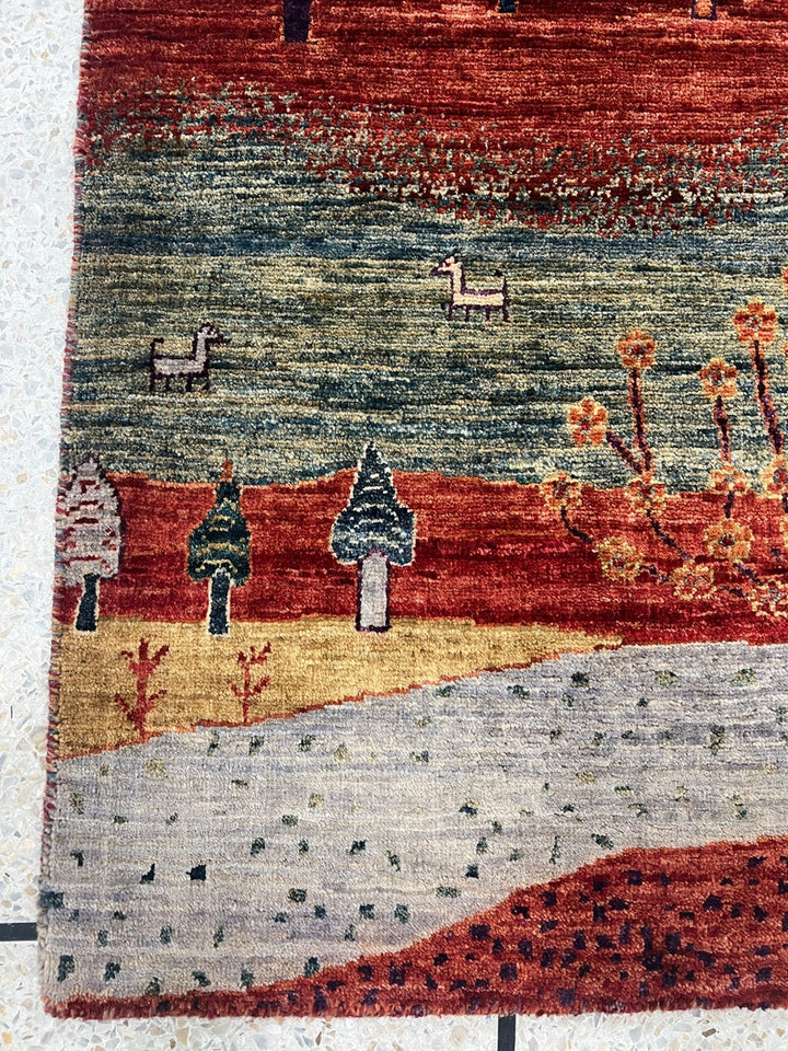 Red 2x3 Ft Hand Knotted Rug - Afghan Luri Gabbeh Rug - Landscape Design Rug - Tree Rug - Small Entryway Rug - Bathroom Rug - Kitchen Rugs-San Francisco Rugs--San Francisco Rugs