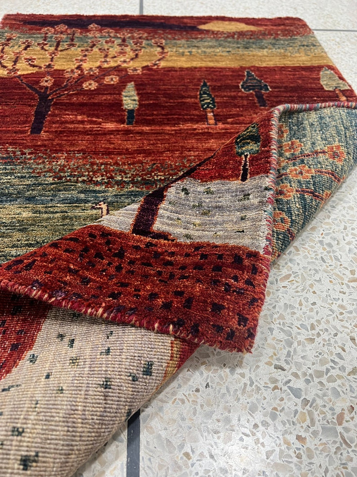 Red 2x3 Ft Hand Knotted Rug - Afghan Luri Gabbeh Rug - Landscape Design Rug - Tree Rug - Small Entryway Rug - Bathroom Rug - Kitchen Rugs-San Francisco Rugs--San Francisco Rugs