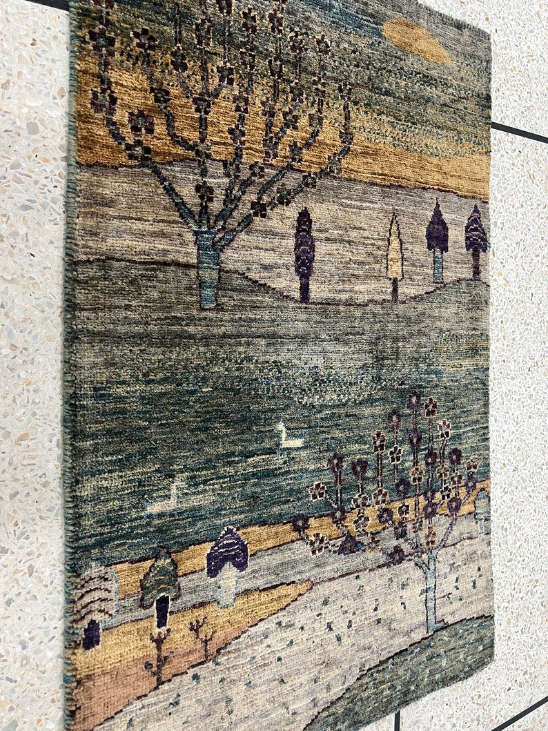 Green 2x3 Ft Hand Knotted Gabbeh Rug - Afghan Luri Gabbeh Rug - Landscape Design Rug - Small Entryway Rug - Door Mat Rug - Small office Rug-San Francisco Rugs--San Francisco Rugs