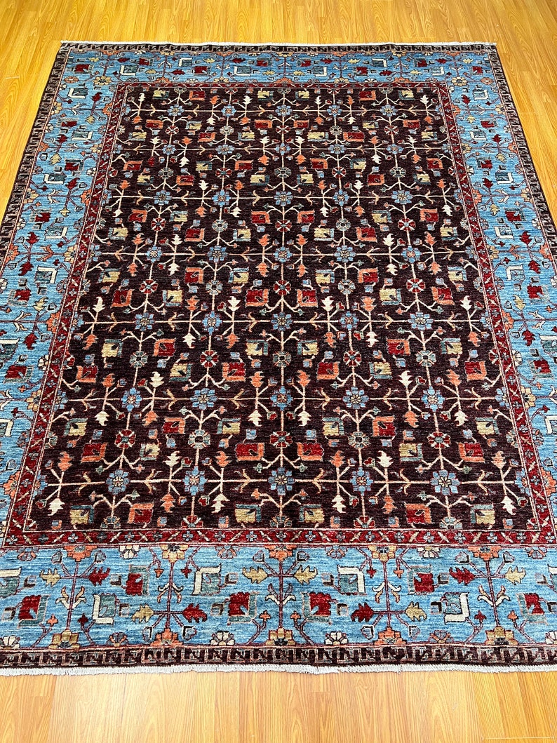 8x10 Ft Hand Knotted Wool Rug - Purple Blue Afghan Rug - Eggplant Color Rug - Veg Dye Rugs - Floral Design Rug - 8x10 Bedroom, Office Rugs-San Francisco Rugs--San Francisco Rugs