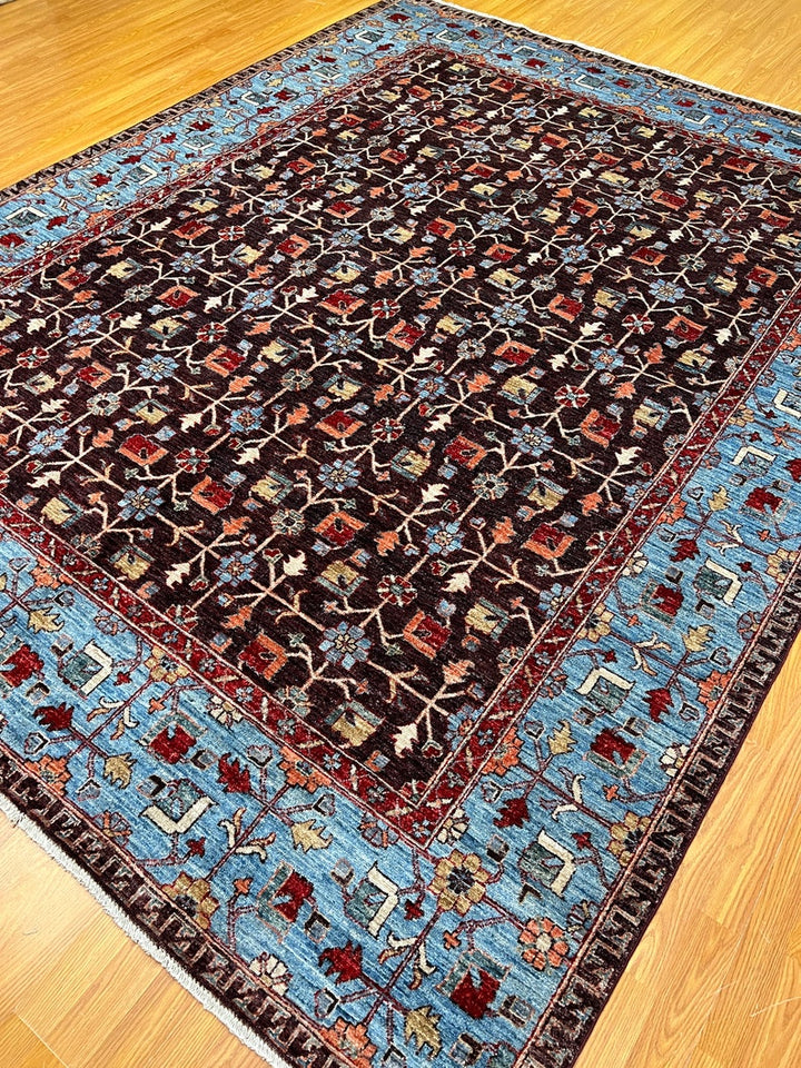 8x10 Ft Hand Knotted Wool Rug - Purple Blue Afghan Rug - Eggplant Color Rug - Veg Dye Rugs - Floral Design Rug - 8x10 Bedroom, Office Rugs-San Francisco Rugs--San Francisco Rugs