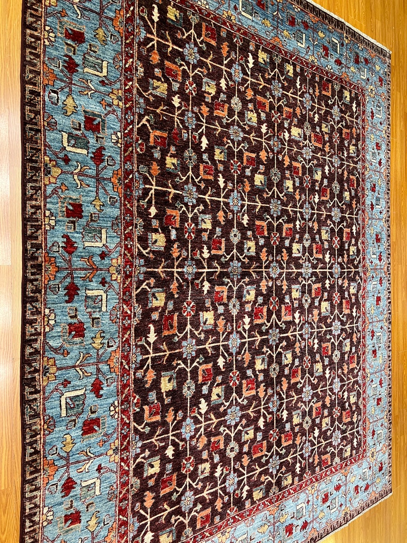 8x10 Ft Hand Knotted Wool Rug - Purple Blue Afghan Rug - Eggplant Color Rug - Veg Dye Rugs - Floral Design Rug - 8x10 Bedroom, Office Rugs-San Francisco Rugs--San Francisco Rugs