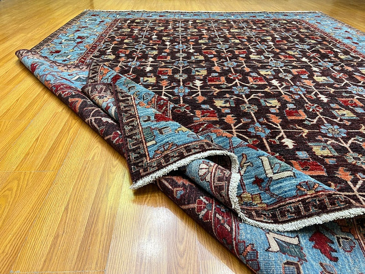 8x10 Ft Hand Knotted Wool Rug - Purple Blue Afghan Rug - Eggplant Color Rug - Veg Dye Rugs - Floral Design Rug - 8x10 Bedroom, Office Rugs-San Francisco Rugs--San Francisco Rugs