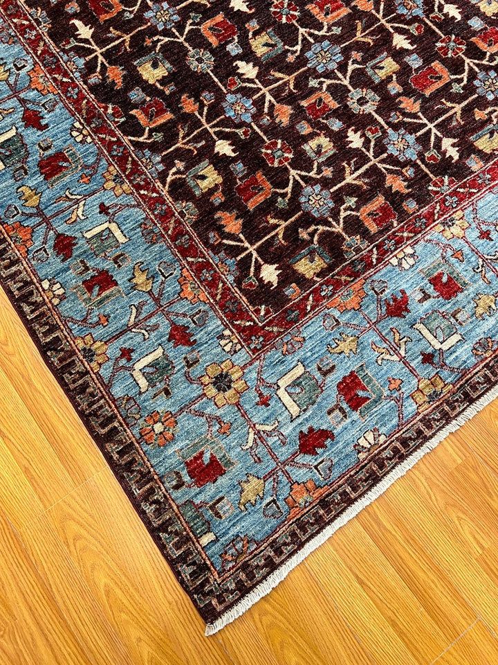 8x10 Ft Hand Knotted Wool Rug - Purple Blue Afghan Rug - Eggplant Color Rug - Veg Dye Rugs - Floral Design Rug - 8x10 Bedroom, Office Rugs-San Francisco Rugs--San Francisco Rugs