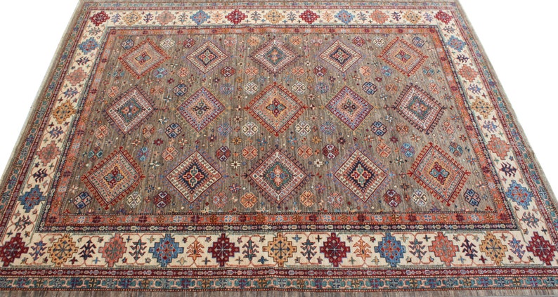 Tribal 8x10 Ft Hand Knotted Rug - Gray Beige Color Afghan Rug - Soft Wool Rug - Bedroom Rug - Living Room Rug - Dining Room Rug - Home Decor-San Francisco Rugs--San Francisco Rugs