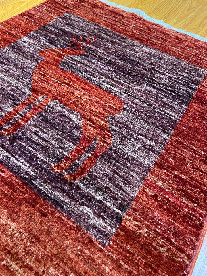 Hand Knotted Small 2x2 Deer Print Rug - Soft Afghan Wool Rug - Doormat Rug - Home Decor Small Area Rug - 60x60 cm-San Francisco Rugs--San Francisco Rugs