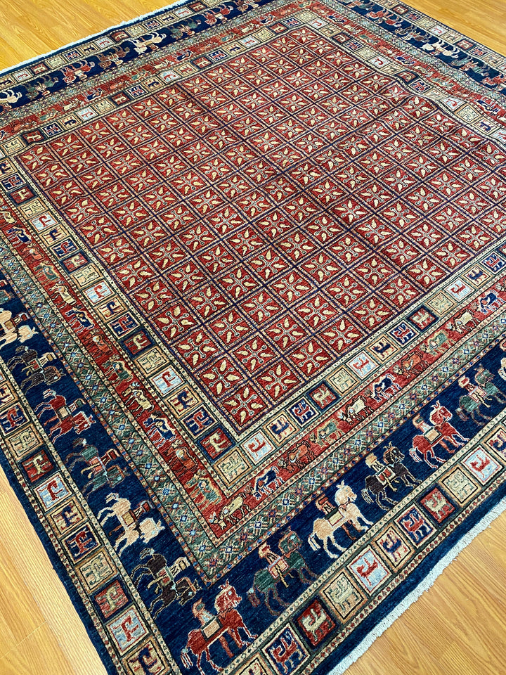 Tribal Square 8x8 Pazyryk Rug - Afghan Hand Knotted Wool Rug - Oriental Living Room Rug - Vintage Design Rug - Animal Print Rug - 246x249cm-San Francisco Rugs--San Francisco Rugs