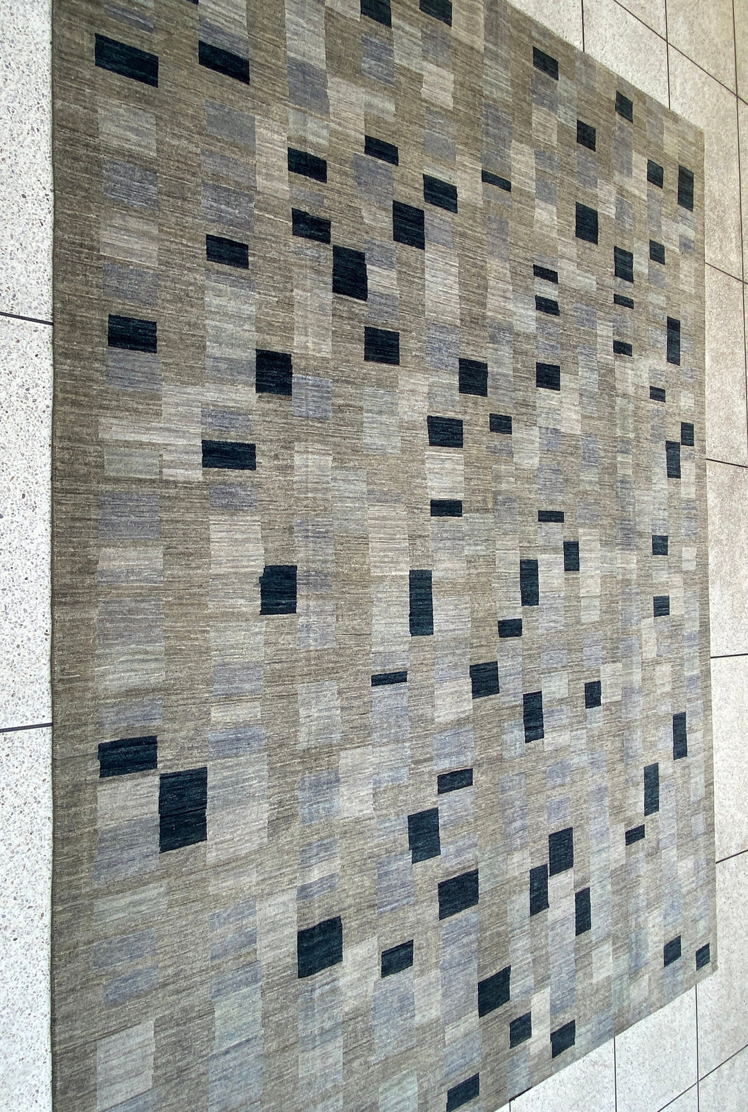 Afghan rugs. Turkish oushak rugs. Interior design rugs. Oriental area rugs. Traditional rugs. Modern rugs. 10X13 BLUE GREY MODERN CHECKERED BOX HAND KNOTTED RUG